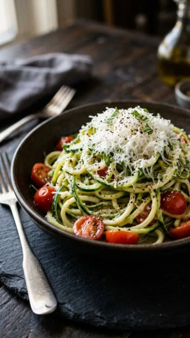 Bowl of cheese and pepper zucchini noodles, a healthy low-carb dish