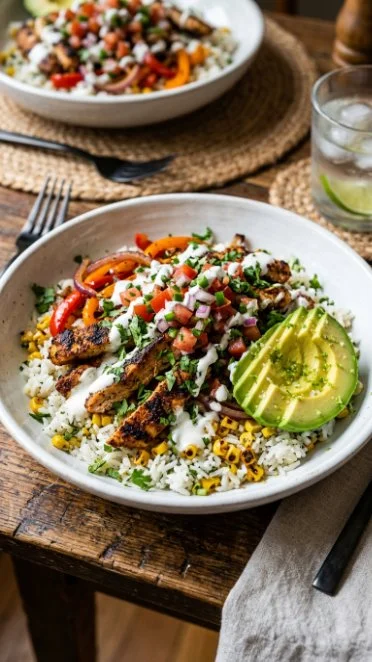 Colorful Chicken Fajita Rice Bowl with peppers, onions, and cilantro