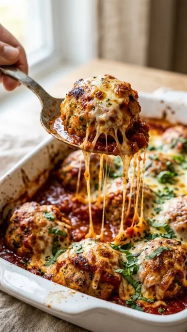 Delicious Chicken Parmesan Meatballs served with marinara sauce