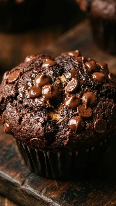 Delicious chocolate peanut butter muffins on a rustic wooden table