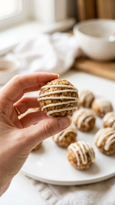 Cinnamon roll energy bites stacked on a plate, drizzled with icing.