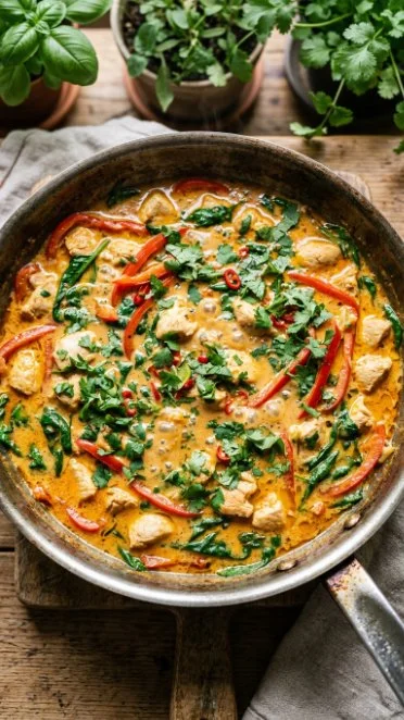 Creamy Coconut Curry Chicken served with rice and herbs