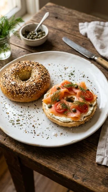 Freshly baked cottage cheese bagels on a wooden table