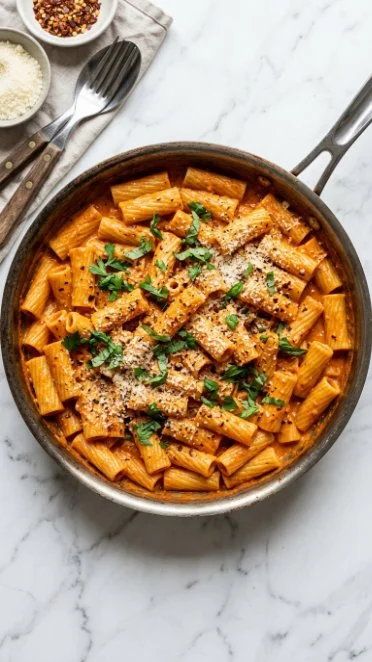 Creamy Cottage Cheese Rigatoni pasta served in a bowl