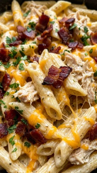 Creamy crack chicken pasta dish served in a bowl with fresh herbs
