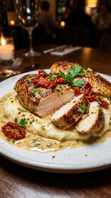Delicious creamy garlic chicken dish served on a plate.