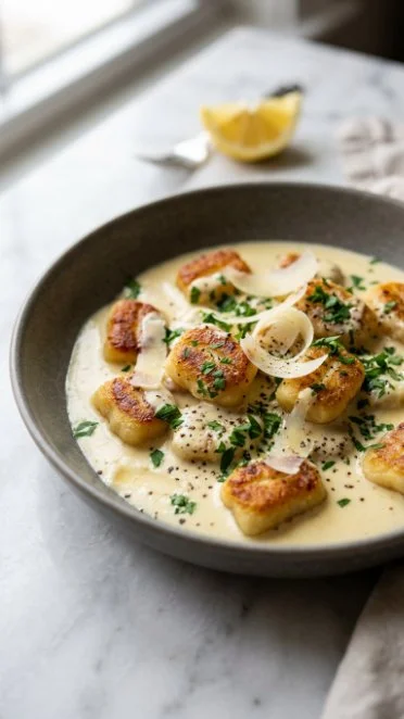 Creamy lemon parmesan chicken gnocchi served in a bowl with fresh herbs.