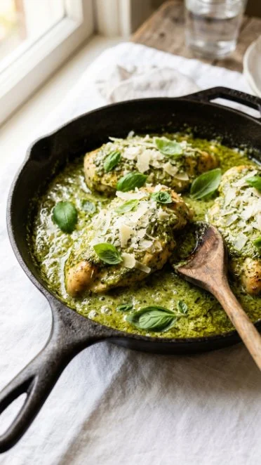 Creamy pesto chicken dish on a plate garnished with herbs