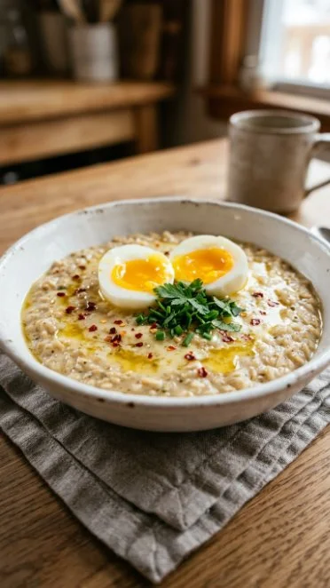 Creamy savory oatmeal bowl topped with fresh herbs and vegetables