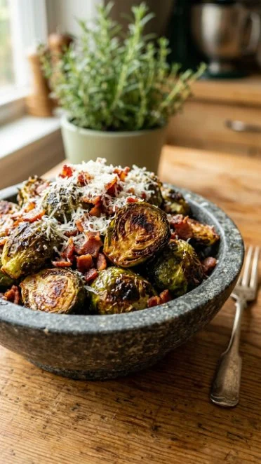 Crispy air fryer Brussels sprouts with bacon served in a bowl