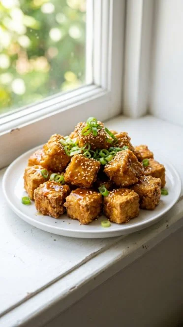 Plate of crispy honey garlic tofu garnished with green onions.