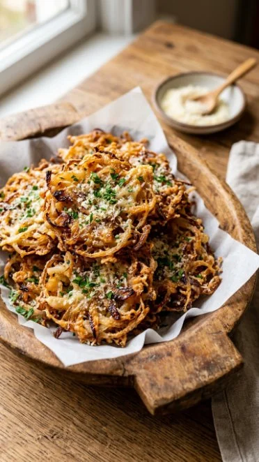 Bowl of crispy onion parmesan chips served as a snack