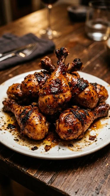 Crispy oven-baked honey garlic chicken drumsticks served on a plate