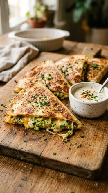Crispy zucchini quesadillas served with spicy dipping sauce