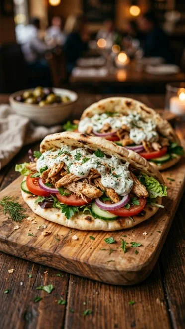Crockpot Greek chicken pitas served with tzatziki sauce