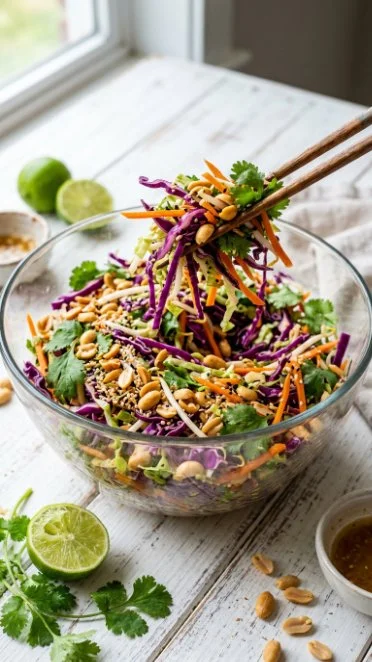 A vibrant bowl of Crunchy Asian Cabbage Salad with fresh vegetables and dressing