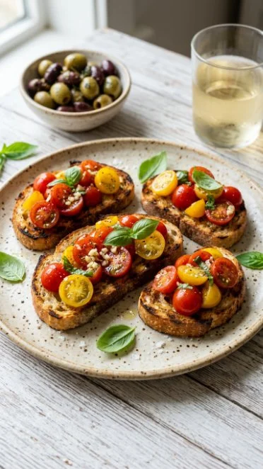 Easy bruschetta with tomatoes and basil on toasted bread