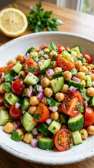 Colorful easy chickpea salad with veggies in a bowl.