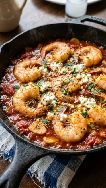 Delicious Prawn Saganaki with feta and tomato served in a skillet