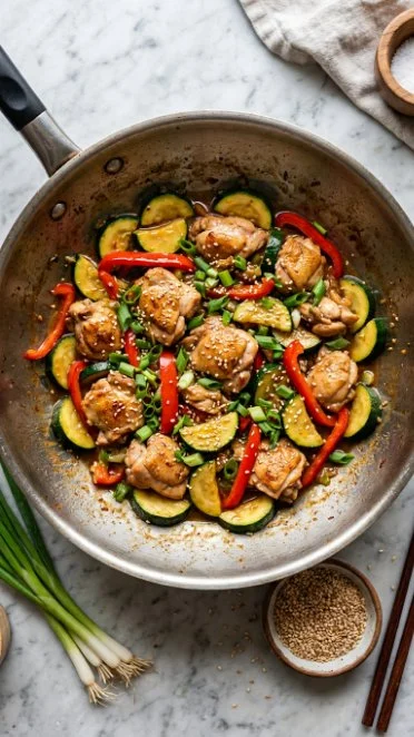 Easy zucchini chicken stir fry with vibrant vegetables in a skillet