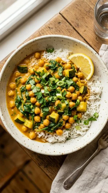 Bowl of easy zucchini chickpea curry with spices and herbs