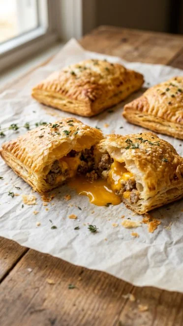 Flaky sausage egg cheese hand pies ready to enjoy for breakfast