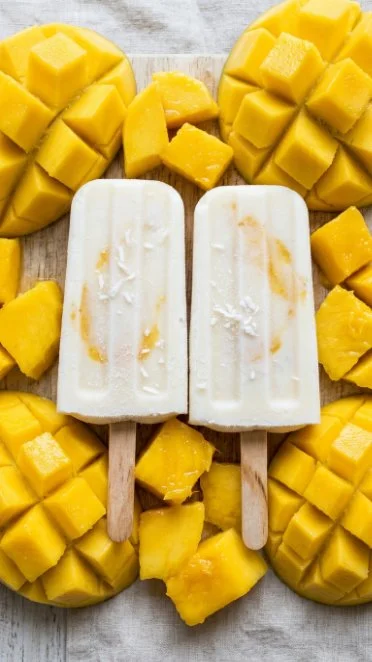 Delicious fresh mango popsicles ready to serve on a sunny day.