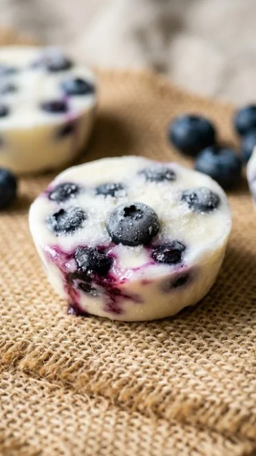 Frozen yogurt blueberry bites served in a bowl, topped with fresh blueberries.