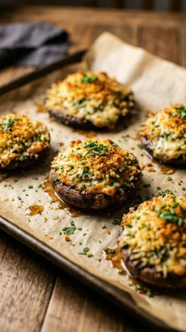 Garlic-Crab Stuffed Mushrooms served as a gourmet appetizer