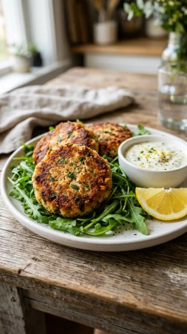 Golden pan-fried tuna patties served with sauce and garnishes