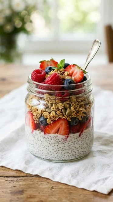 A bowl of granola chia pudding topped with fresh fruits and nuts