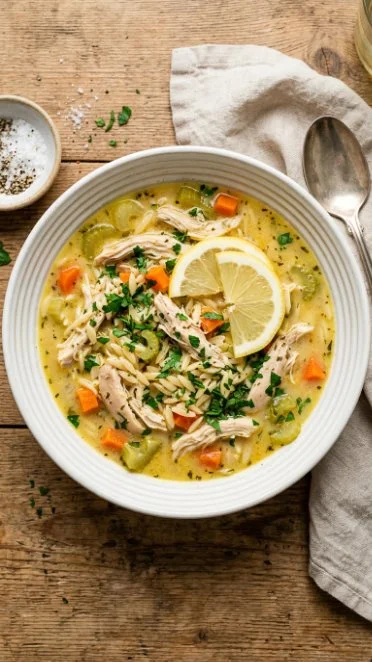 Bowl of Greek lemon chicken soup with orzo, garnished with fresh herbs.