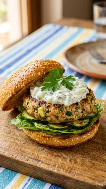Greek Style Chicken Zucchini Burger topped with crisp Tzatziki sauce