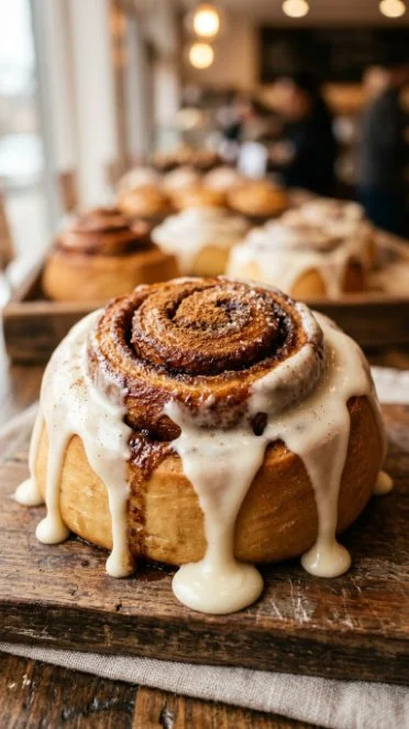 Greek Yogurt Cinnamon Roll Bites on a plate, garnished with cinnamon and icing.