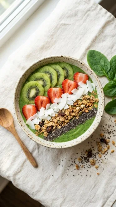 Green weight loss smoothie bowl topped with fresh fruits and seeds