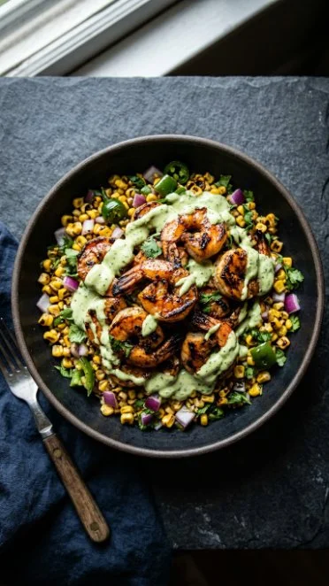 Delicious grilled shrimp bowl with creamy sauce served in a dish