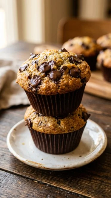 Healthy banana chocolate chip protein muffins fresh out of the oven