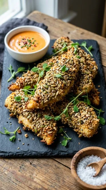 Healthy seed crusted chicken tenders with maple sriracha dipping sauce