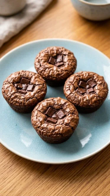 Plate of high-protein brownie bites topped with chocolate drizzle