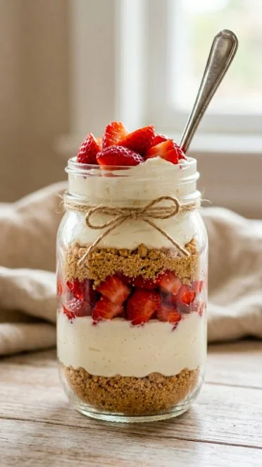 High protein cheesecake jars topped with fresh berries and nuts