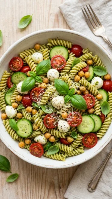 High protein chickpea pasta salad served in a bowl with fresh vegetables