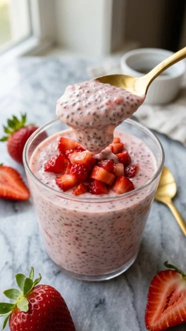High protein strawberry cheesecake chia seed pudding in a glass bowl with fresh strawberries.
