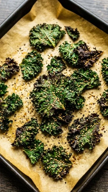 Homemade crispy baked kale chips served in a bowl