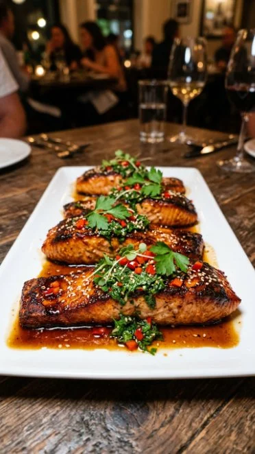 Delicious Honey Garlic Salmon with a glossy glaze served on a white plate
