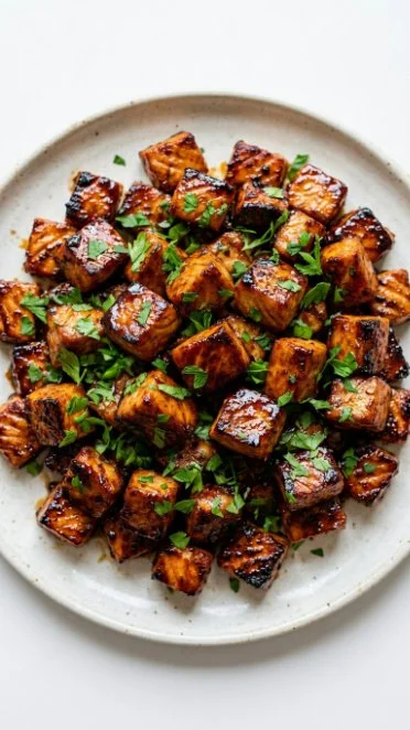 Delicious honey garlic salmon bites served on a plate.