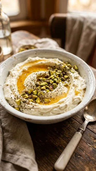 Creamy honey and pistachio whipped feta dip served in a bowl garnished with nuts.