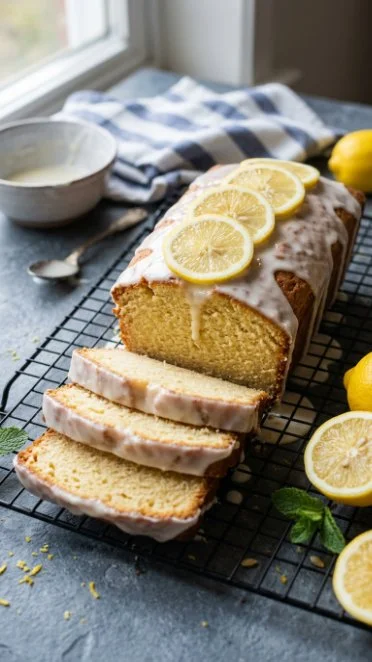 Iced lemon pound cake with a refreshing glaze on top, garnished with lemon slices.