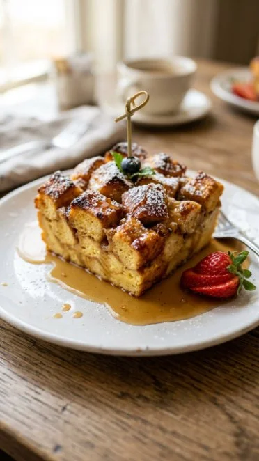 Deliciously baked French Toast Casserole topped with syrup and berries