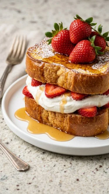 Creamy strawberry cheesecake stuffed French toast topped with fresh strawberries
