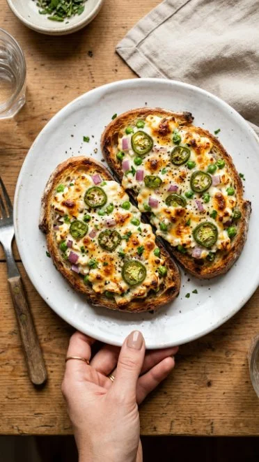 Jalapeño Popper Cottage Cheese Toast topped with fresh jalapeños and cheese